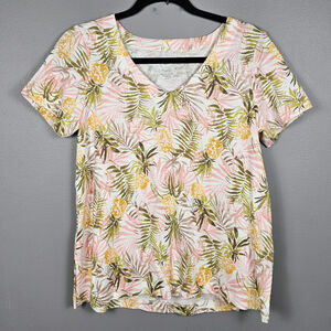 J.Jill Womens S Petite Pima Slub Knit V-Neck Tee Tropical Floral Pink Green